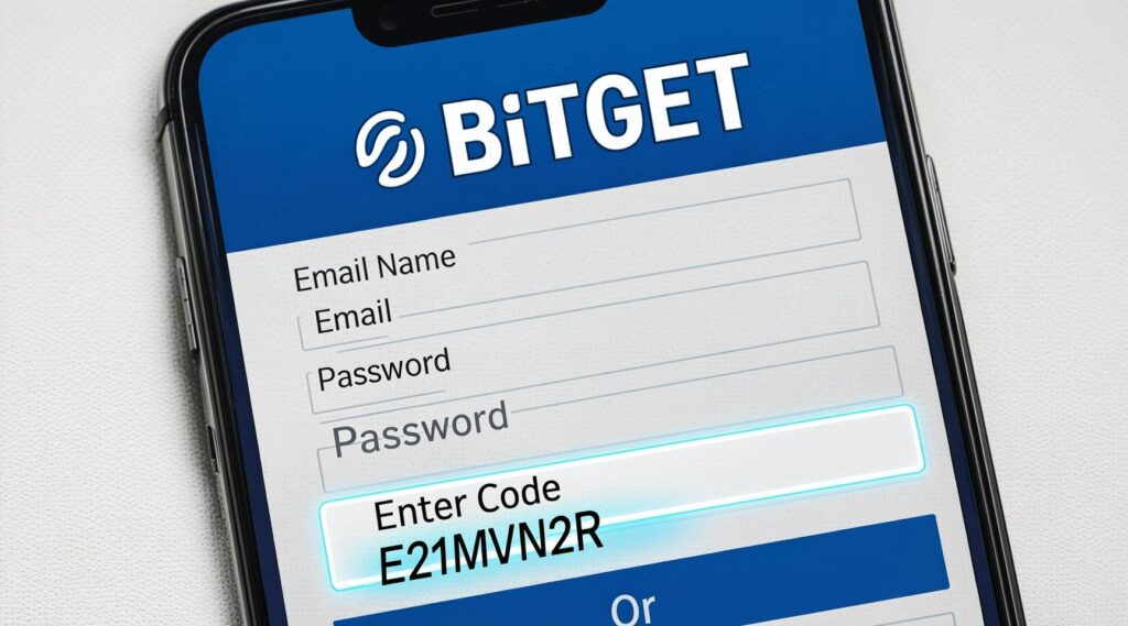 Bitget app registration screen showing where to enter the referral code E21MVN2R