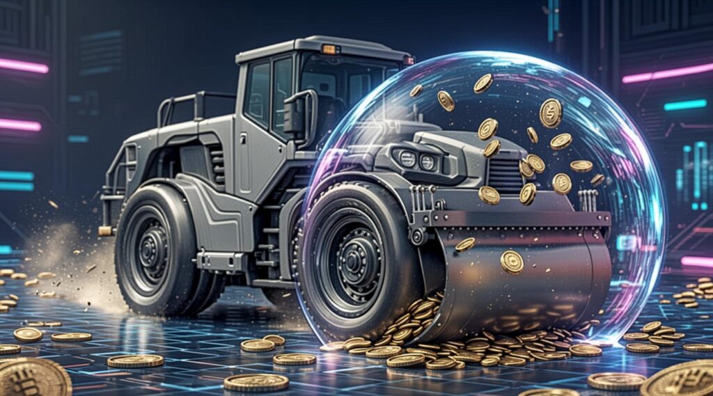 Futuristic steamroller rolling over glowing pennies, representing the risks and rewards of MEXC funding rate arbitrage.