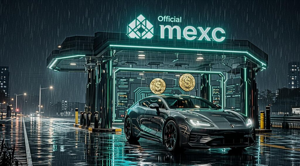 Futuristic neon toll booth on a digital highway representing the MEXC funding rate.