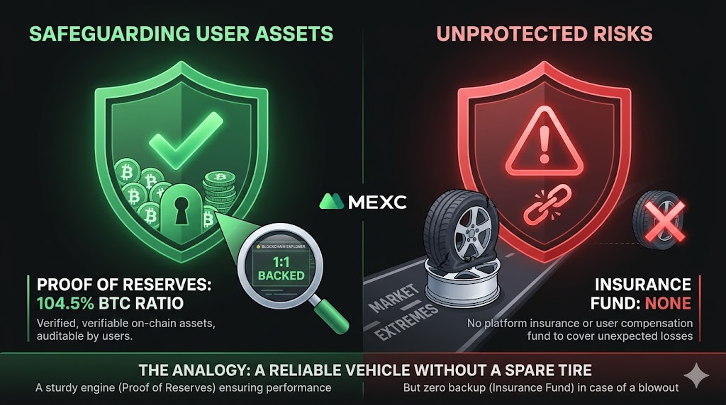 Infographic comparing MEXC's 104.5 percent Proof of Reserves against the lack of a dedicated user insurance fund.