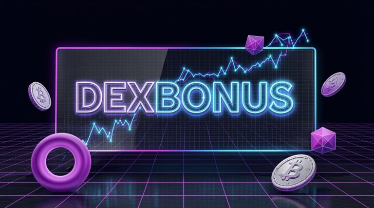 Dark tech 3D render showing a glassmorphism UI card with the best Bitget referral code DEXBONUS for futures trading, surrounded by glowing violet shapes and neon mint profit charts.