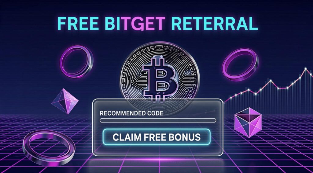 Dark tech illustration of a glowing crypto coin and glassmorphism UI card showing how to get Bitget referral without paying