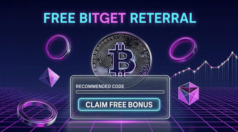 Dark tech illustration of a glowing crypto coin and glassmorphism UI card showing how to get Bitget referral without paying