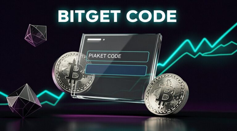 How to use Bitget code without KYC shown on a futuristic dark mode glassmorphism UI with a glowing crypto coin and neon chart.