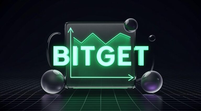 Dark UI dashboard showing safe trading on the Bitget exchange with glowing neon charts.